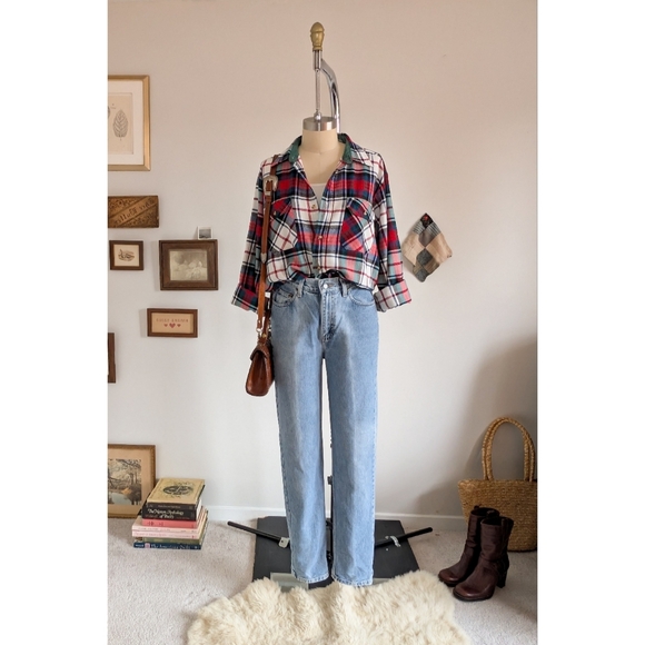 Vintage Flannel Plaid Cotton Unisex Button Down Shirt - Picture 10 of 16